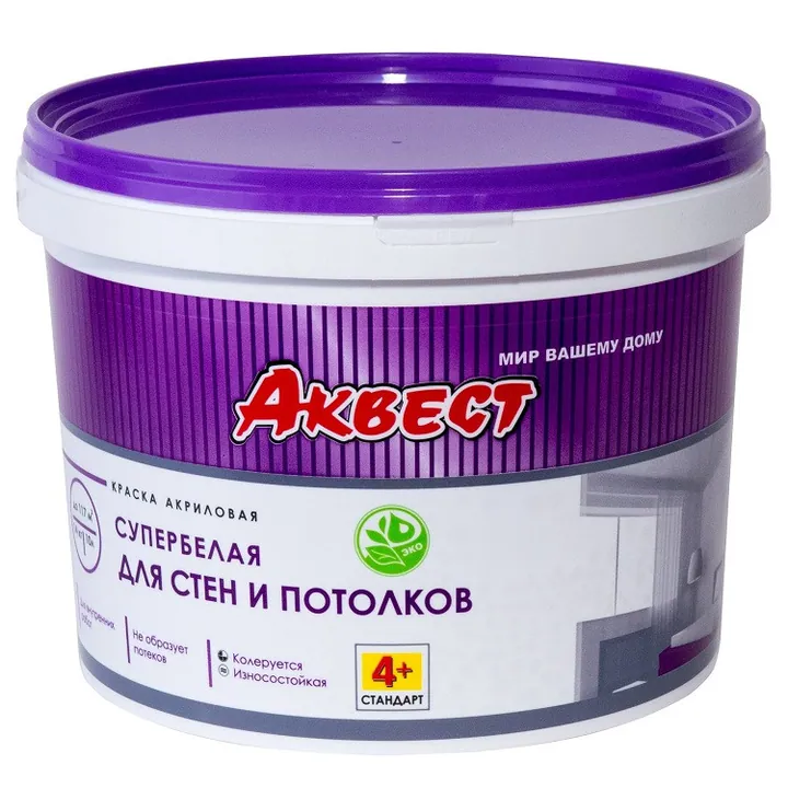 Аквест (Akvest) А-4+ СТАНДАРТ Краска акриловая супербелая для стен и потолков (7 кг)