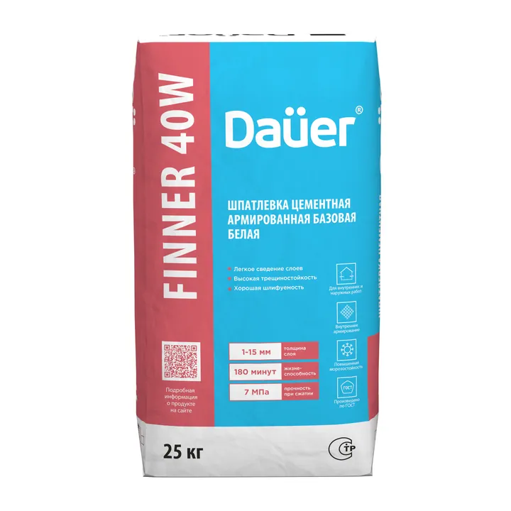 Цементная армированная базовая шпатлевка Dauer Finner 40W белая, 25 кг