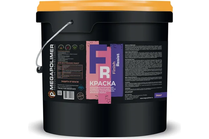 Краска MEGAPOLIMER Finish Resist, акриловая, интерьерная, для стен и потолков, влагостойк., моющ., 14 кг 4627136412482