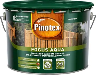 Pinotex Focus Aqua / Пинотекс Фокус Аква защитная пропитка для деревянных заборов и садовых строений 5 л