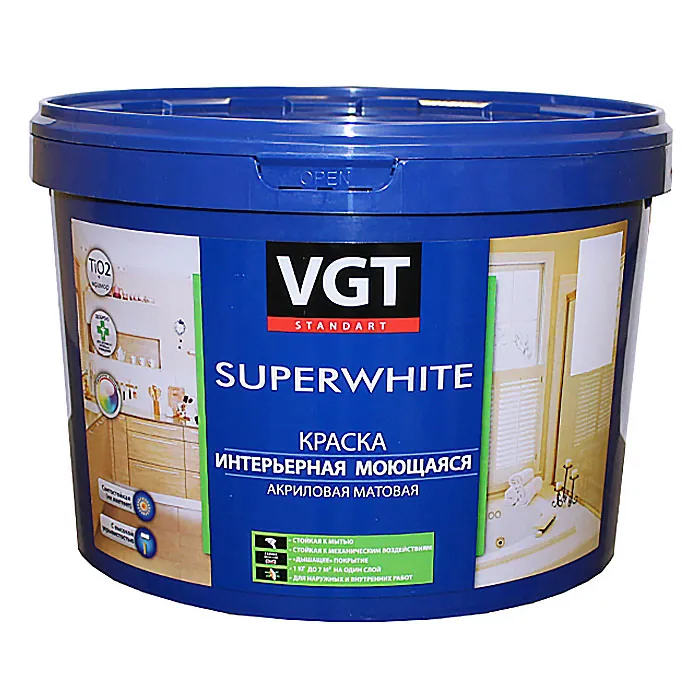 VGT SUPERWHITE / ВГТ ВД-АК-1180 краска интерьерная моющаяся 13 кг